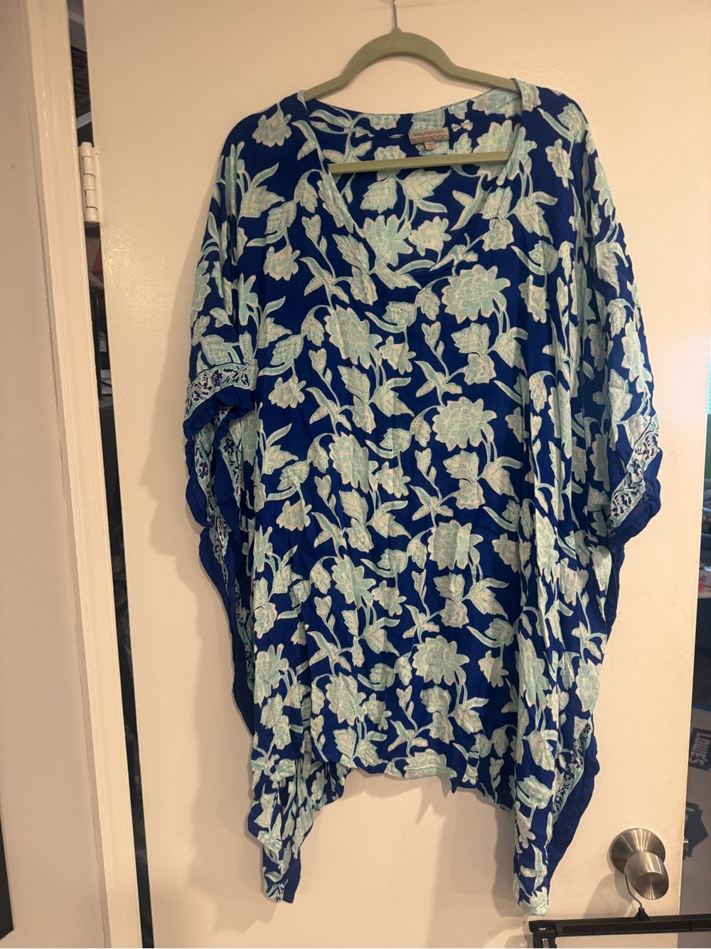 World Market Blue Floral Kimono Tunic with Mint Accents one size